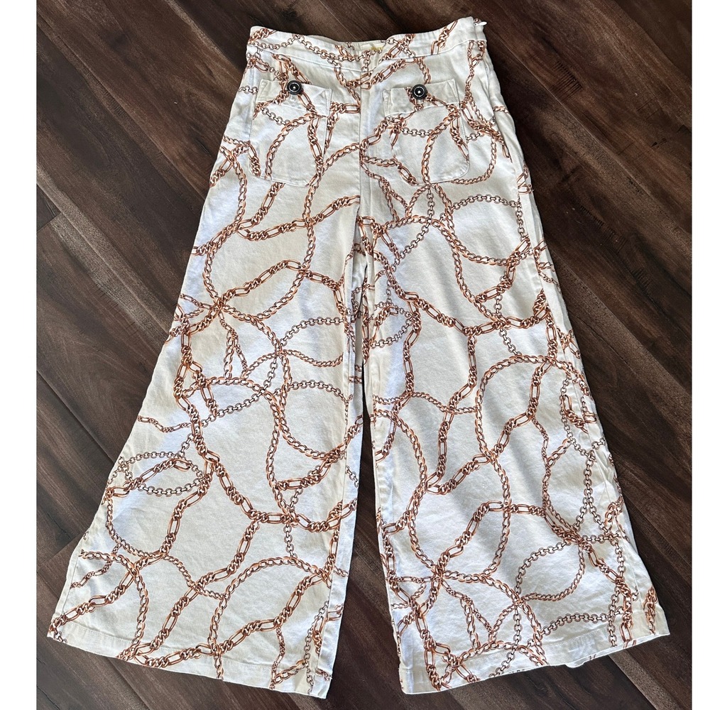 Maeve Anthropologie Wide Leg Chain Link Print Pants Cream Copper Size 6